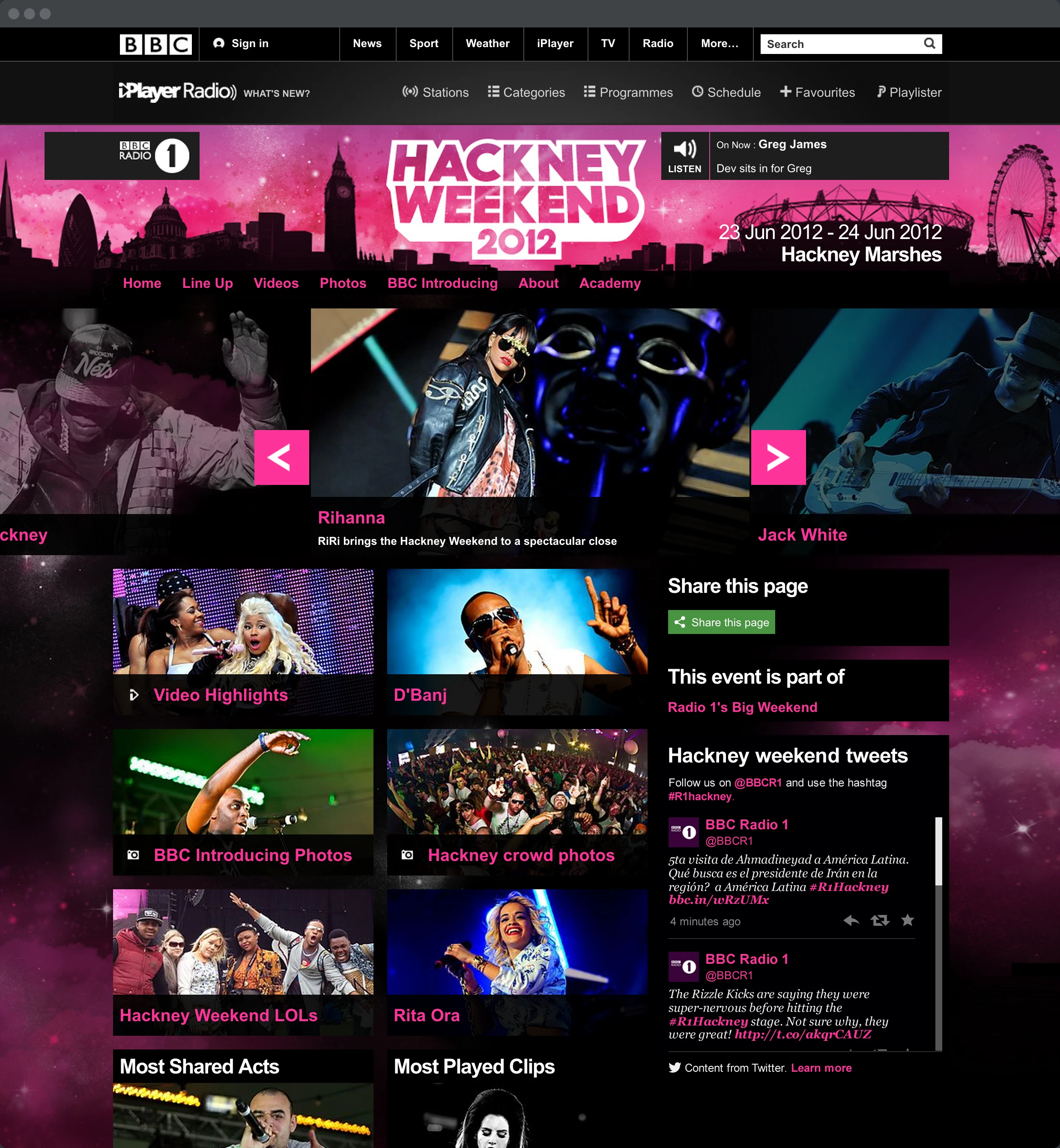 Screenshot of the BBC Hackney Weekend website showing the Twitter module in context