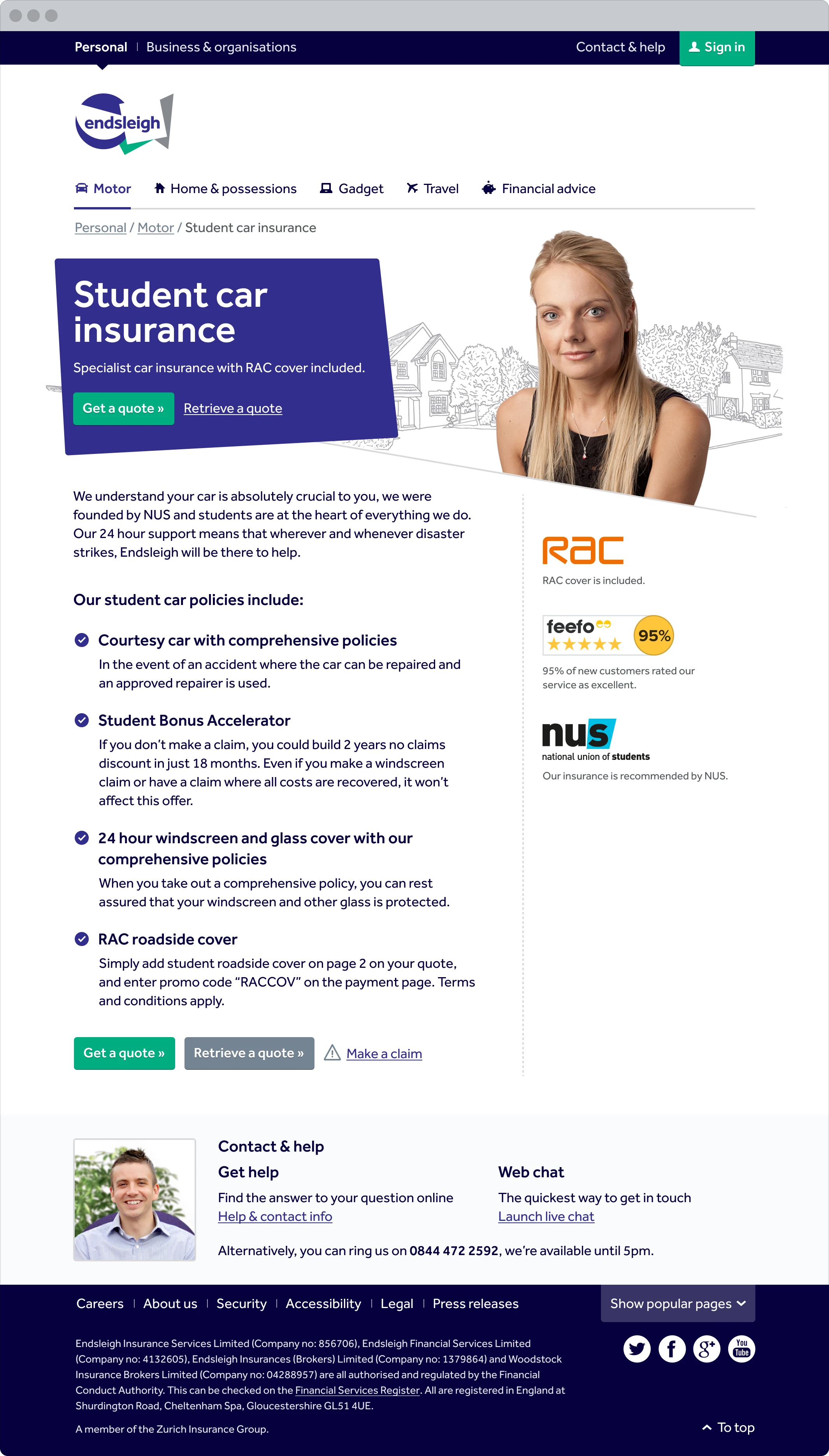 Screenshot of the Endsleigh student car insurance webpage